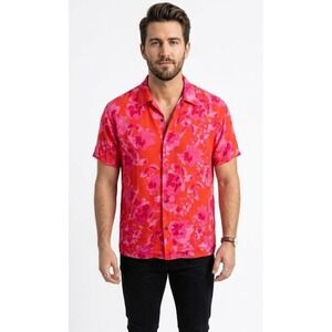Olivaceous Mens Red‎ Pink Floral Short Sleeve Button Up Shirt Size Small